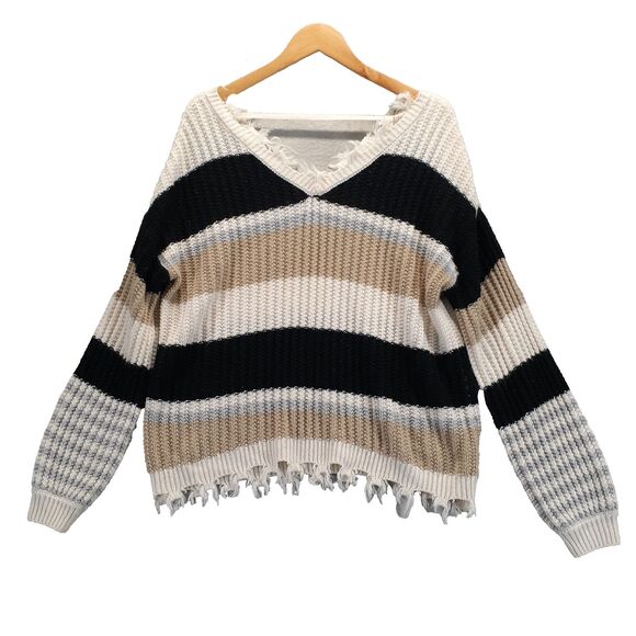 Rue 21 Sweater Women Sz M Black Brown Striped Distressed Hem V-Neck Oversized - Picture 2 of 10